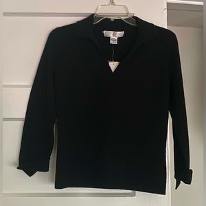 NWT Bloomingdales Collection 100% Black Cashmere Polo Sweater 3/4 Sleeve PS
